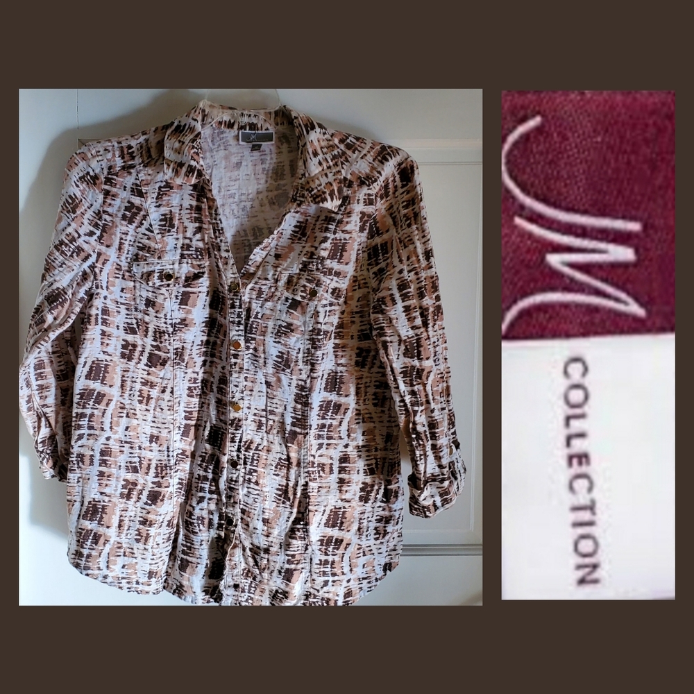 JM COLLECTION | 12 Brown LINEN Gold Button Blouse